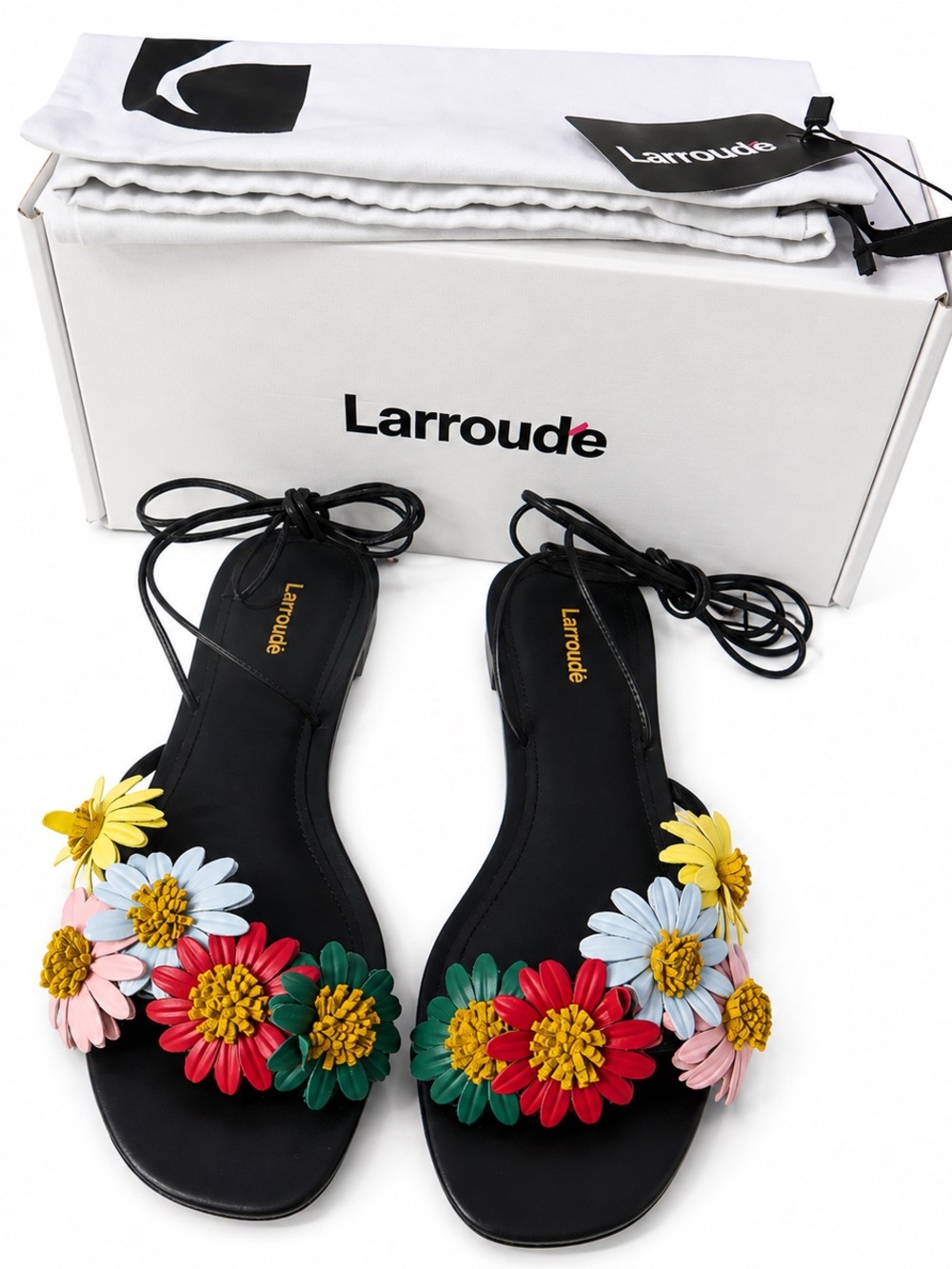 Larroude Black Lace-Up Sandals with Multicolor Floral Appliqués